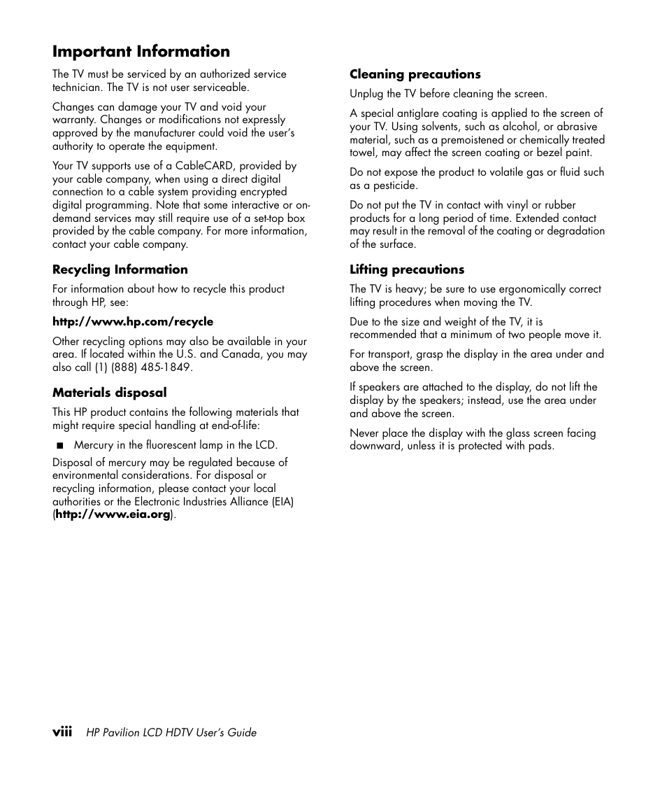 Important information | HP Pavilion LC3700N User Manual | Page 8 / 322