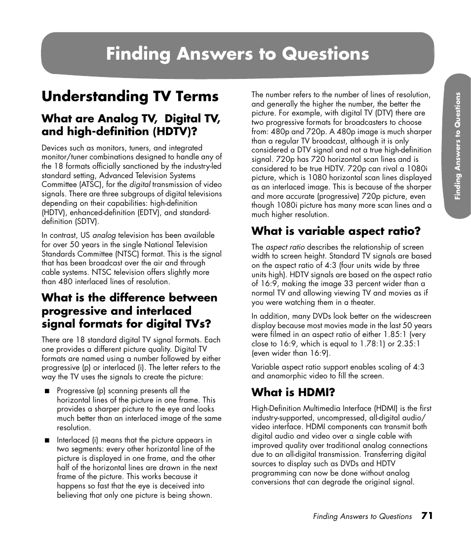 Finding answers to questions, Understanding tv terms, What is variable aspect ratio | What is hdmi | HP Pavilion LC3700N User Manual | Page 81 / 322