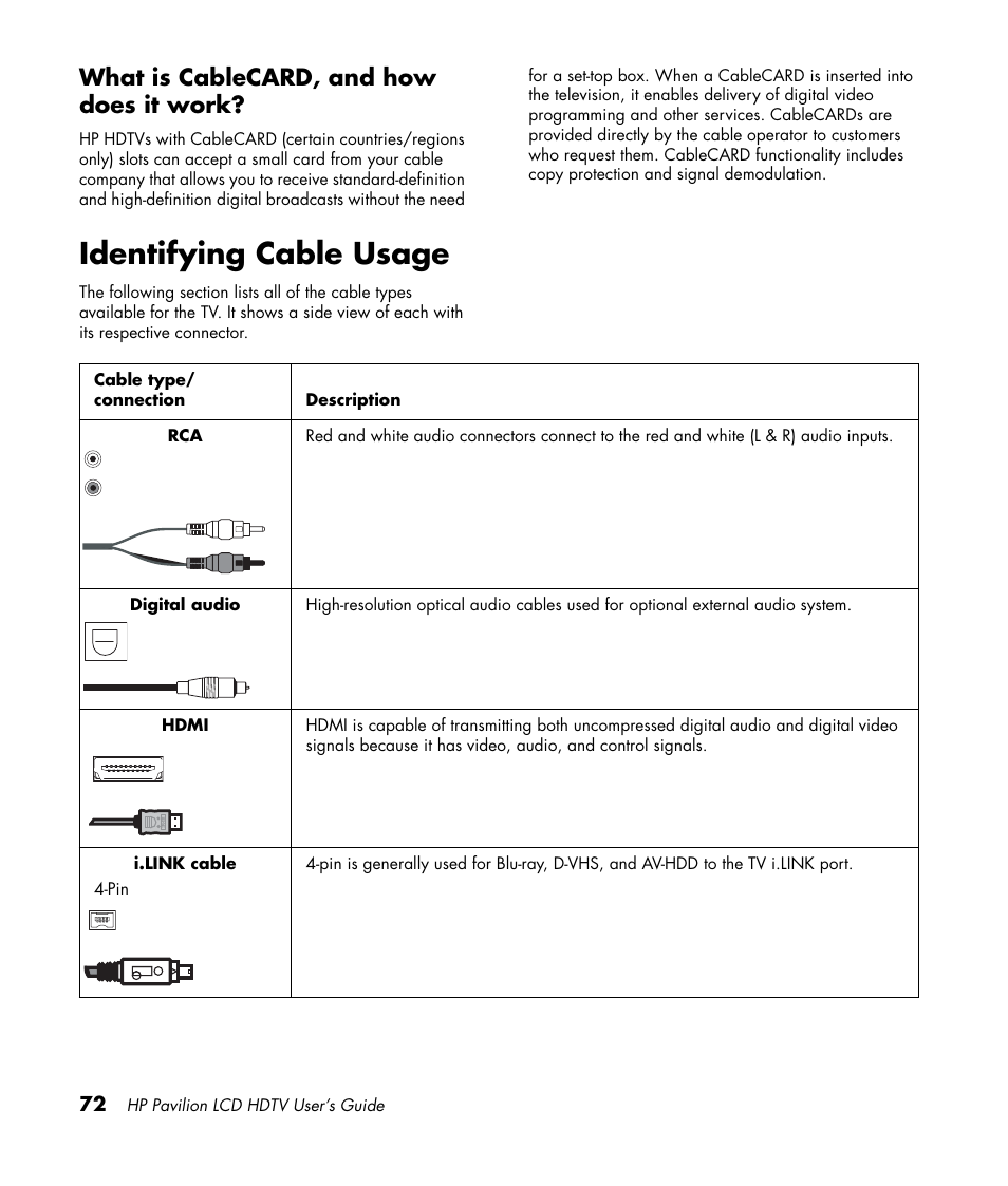 Identifying cable usage, What is cablecard, and how does it work | HP Pavilion LC3700N User Manual | Page 82 / 322