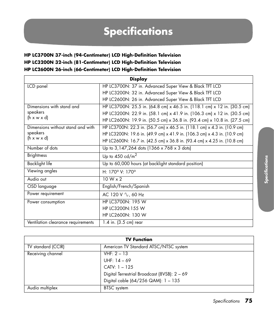 Specifications | HP Pavilion LC3700N User Manual | Page 85 / 322