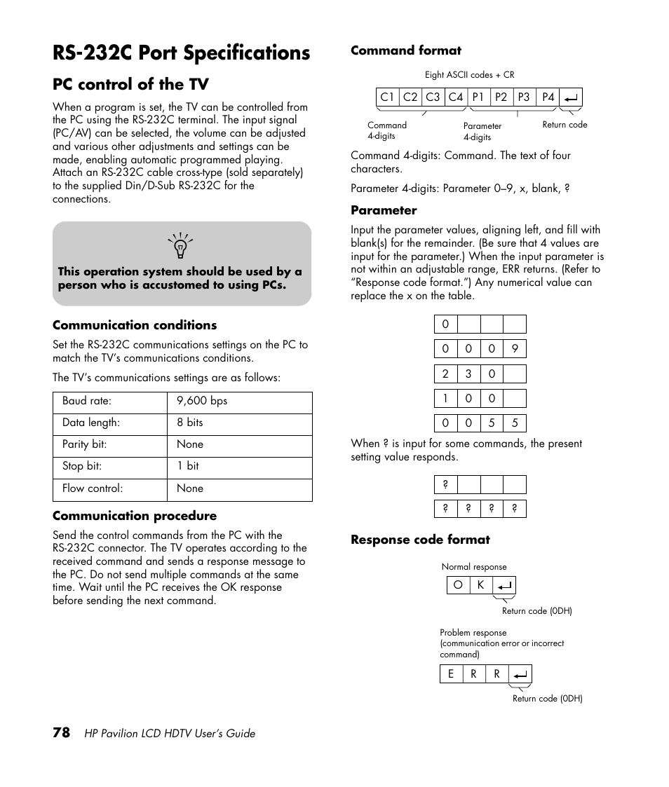 Rs-232c port specifications, Pc control of the tv | HP Pavilion LC3700N User Manual | Page 88 / 322