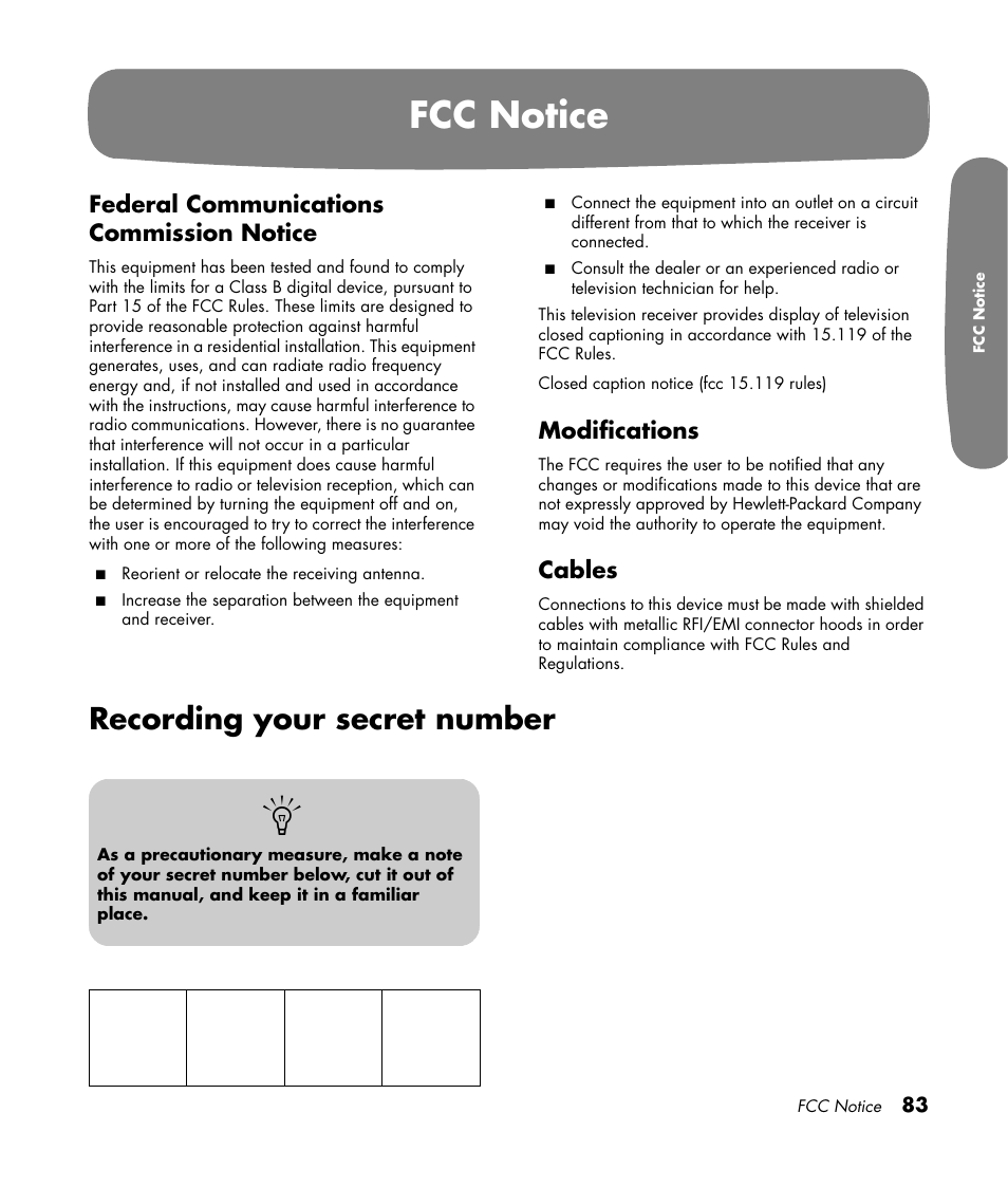 Fcc notice, Recording your secret number | HP Pavilion LC3700N User Manual | Page 93 / 322