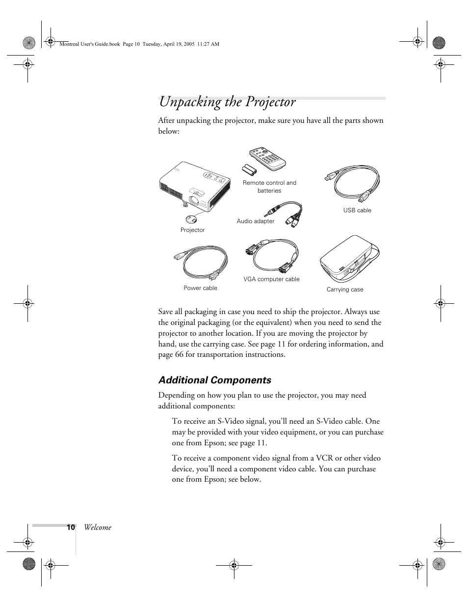 Unpacking the projector, Additional components | HP 760c User Manual | Page 10 / 101