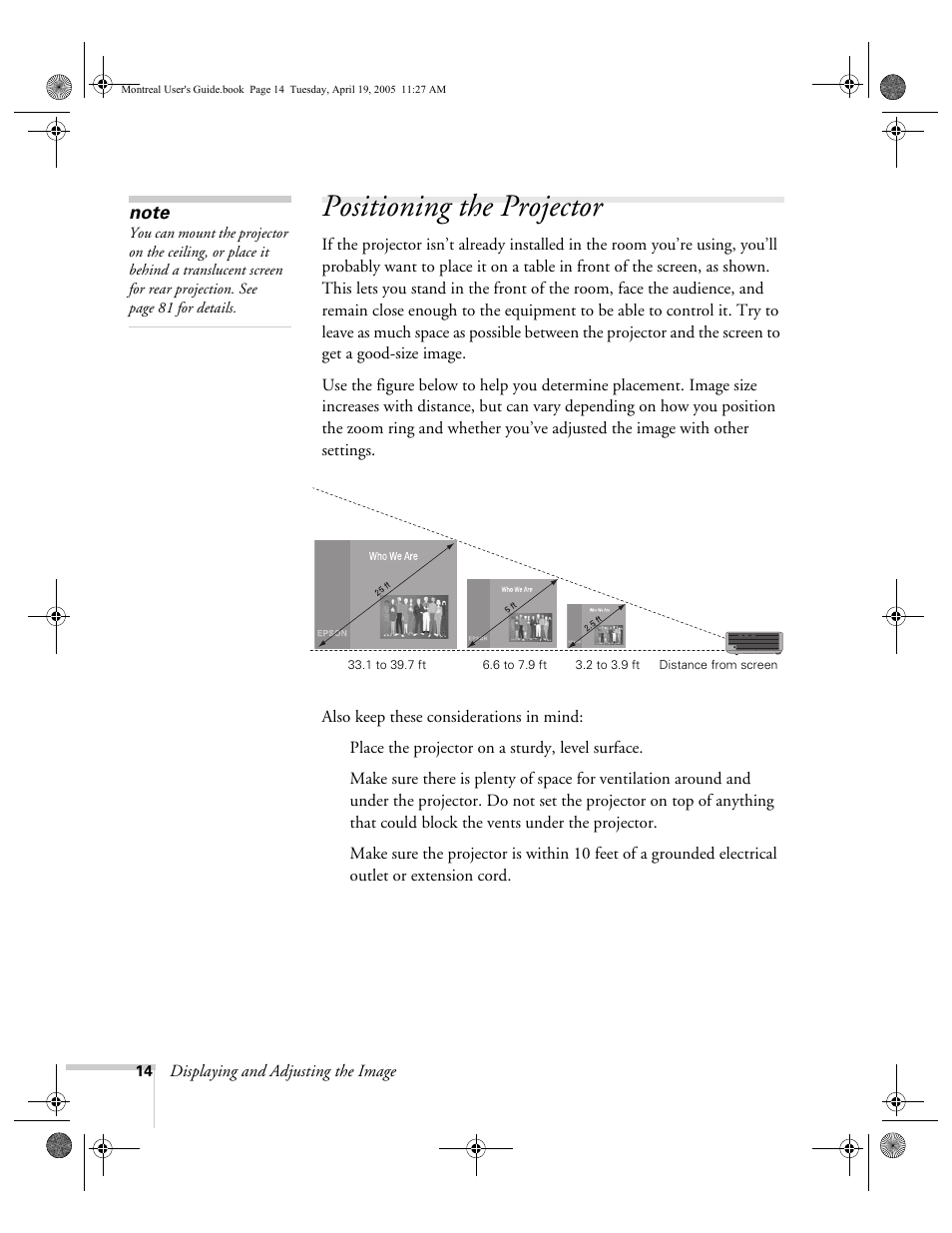 Positioning the projector | HP 760c User Manual | Page 14 / 101