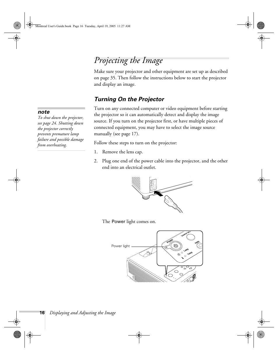 Projecting the image, Turning on the projector | HP 760c User Manual | Page 16 / 101