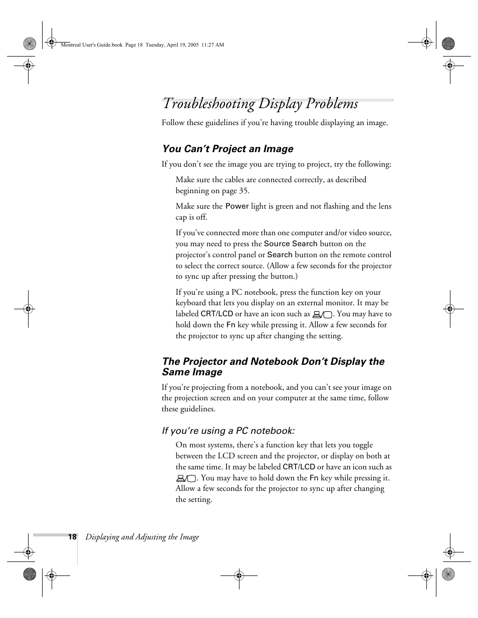 Troubleshooting display problems, You can’t project an image | HP 760c User Manual | Page 18 / 101