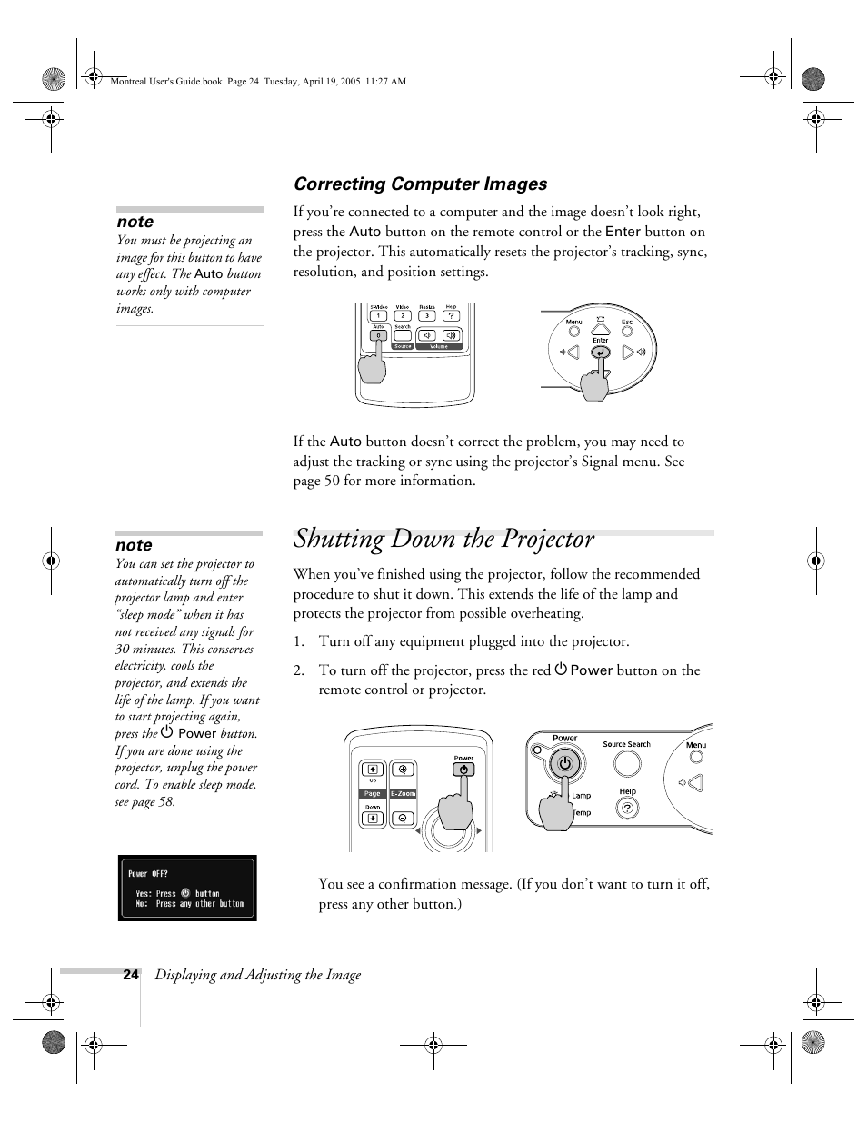 Correcting computer images, Shutting down the projector | HP 760c User Manual | Page 24 / 101