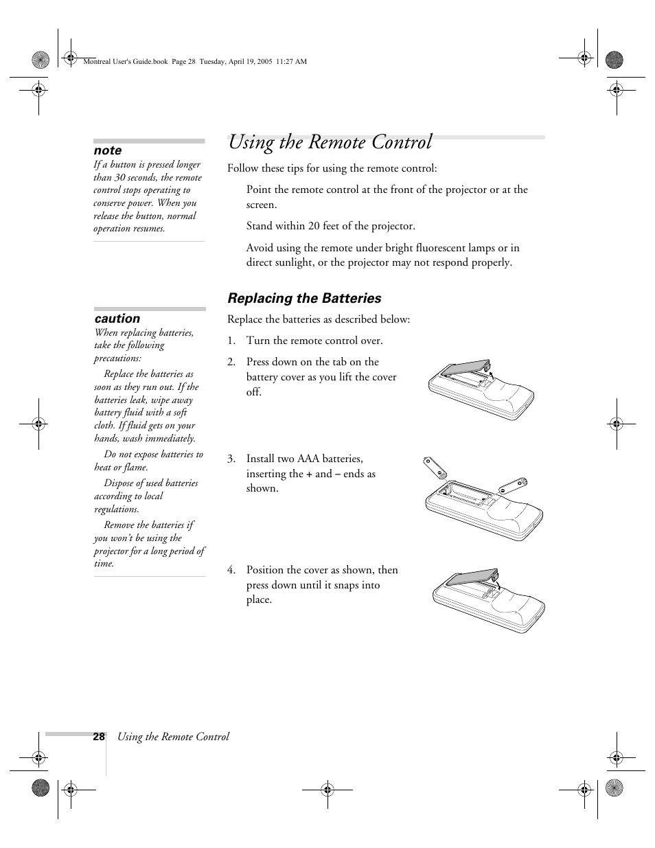 Using the remote control, Replacing the batteries | HP 760c User Manual | Page 28 / 101