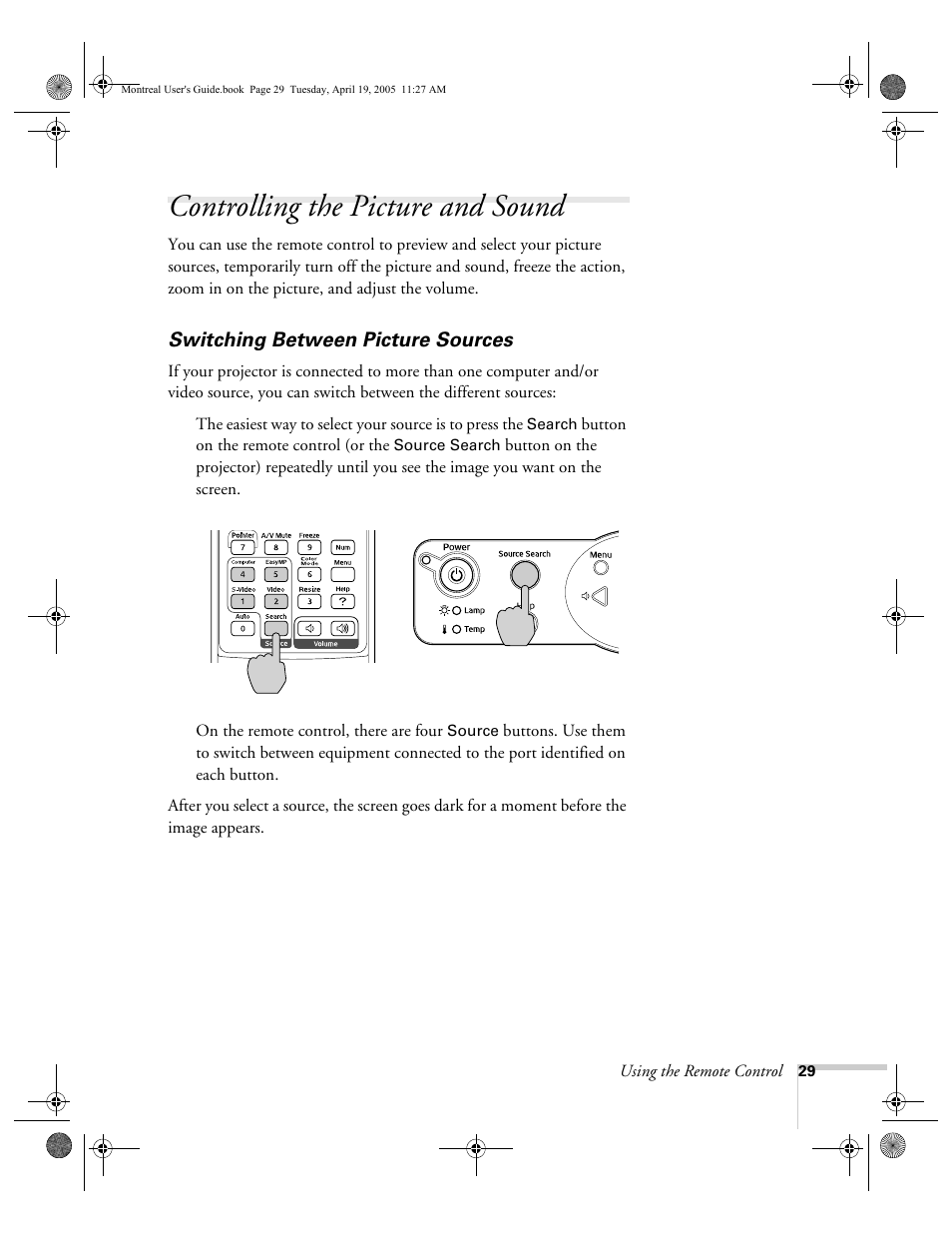 Controlling the picture and sound, Switching between picture sources | HP 760c User Manual | Page 29 / 101