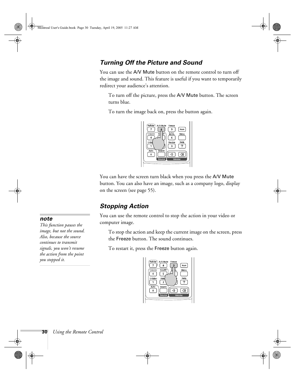 Turning off the picture and sound, Stopping action, Turning off the picture and sound stopping action | HP 760c User Manual | Page 30 / 101