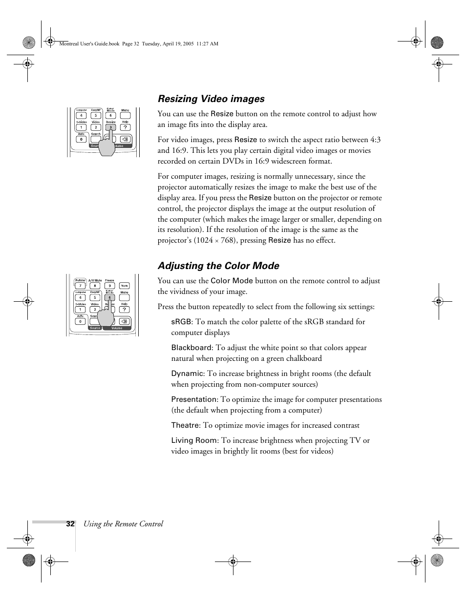 Resizing video images, Adjusting the color mode, Resizing video images adjusting the color mode | HP 760c User Manual | Page 32 / 101