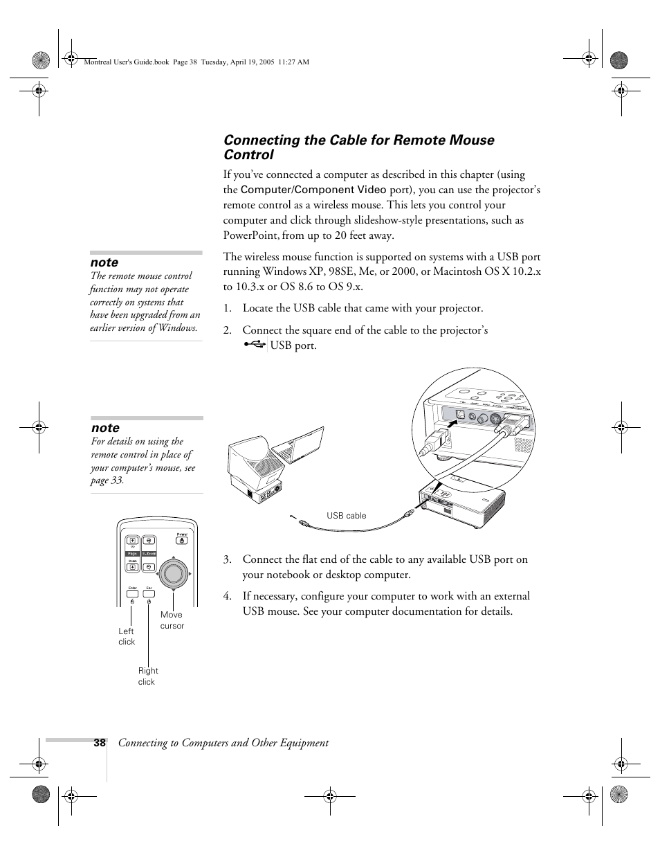 Connecting the cable for remote mouse control | HP 760c User Manual | Page 38 / 101