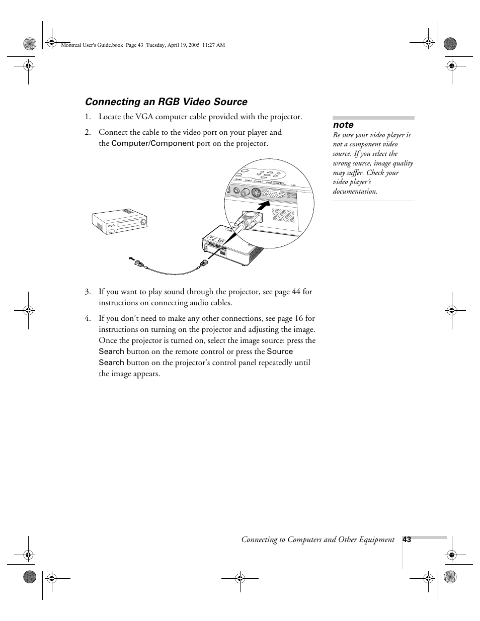 Connecting an rgb video source | HP 760c User Manual | Page 43 / 101
