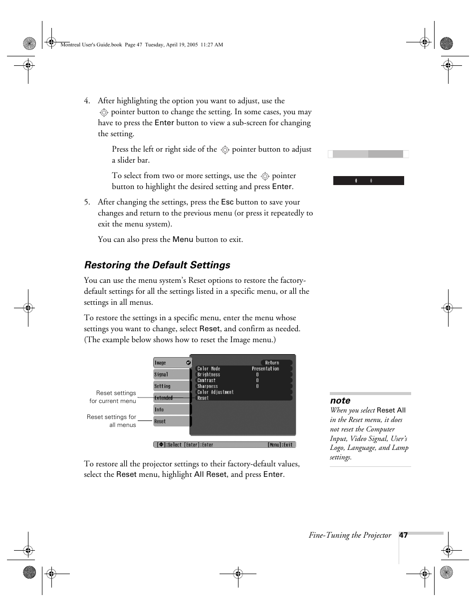 Restoring the default settings | HP 760c User Manual | Page 47 / 101