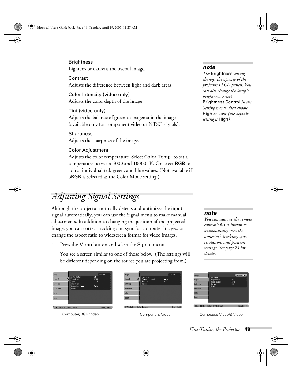 Adjusting signal settings | HP 760c User Manual | Page 49 / 101