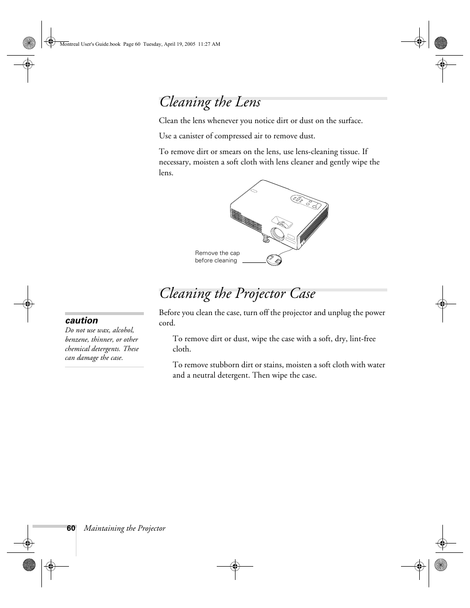 Cleaning the lens, Cleaning the projector case, Cleaning the lens cleaning the projector case | HP 760c User Manual | Page 60 / 101