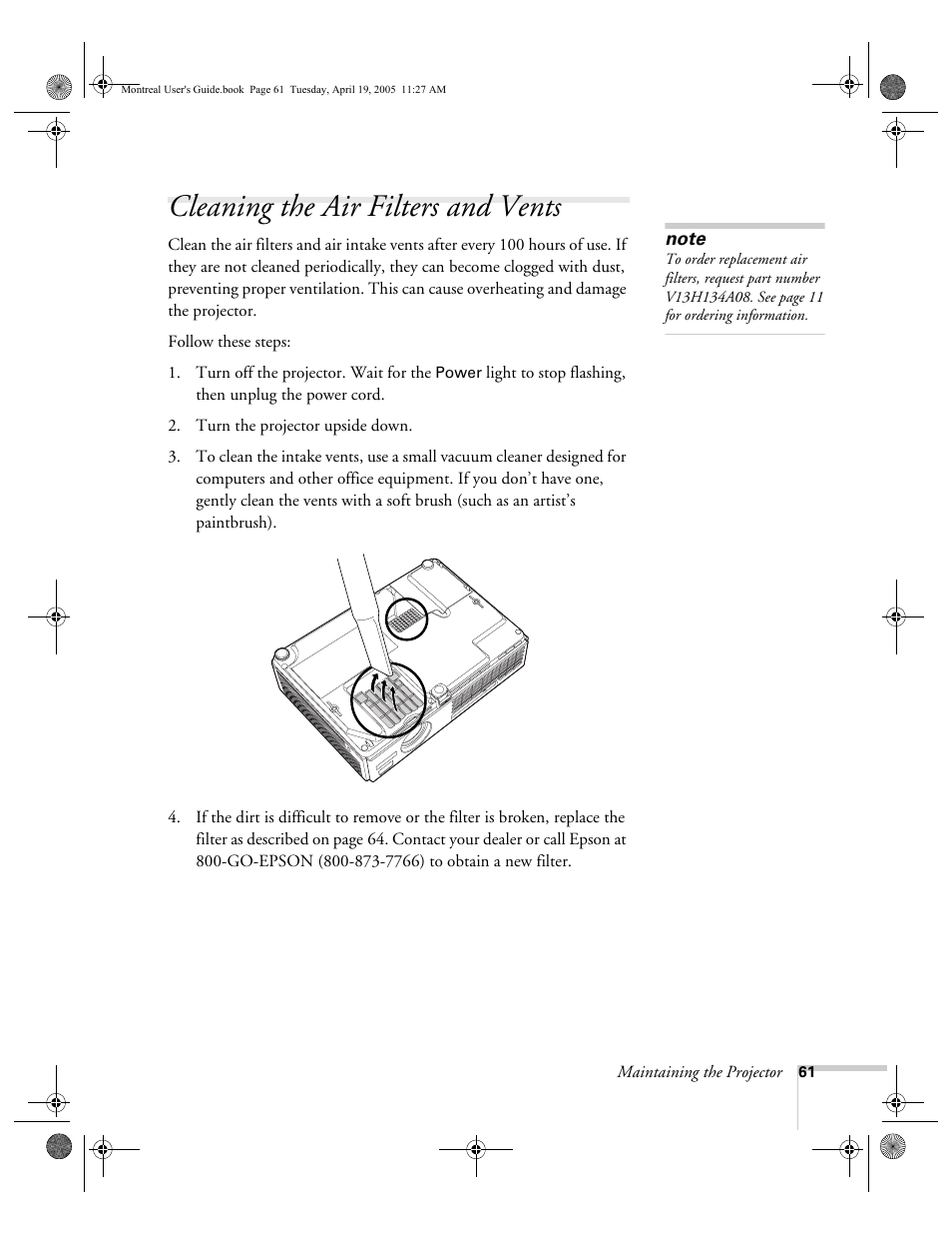 Cleaning the air filters and vents | HP 760c User Manual | Page 61 / 101