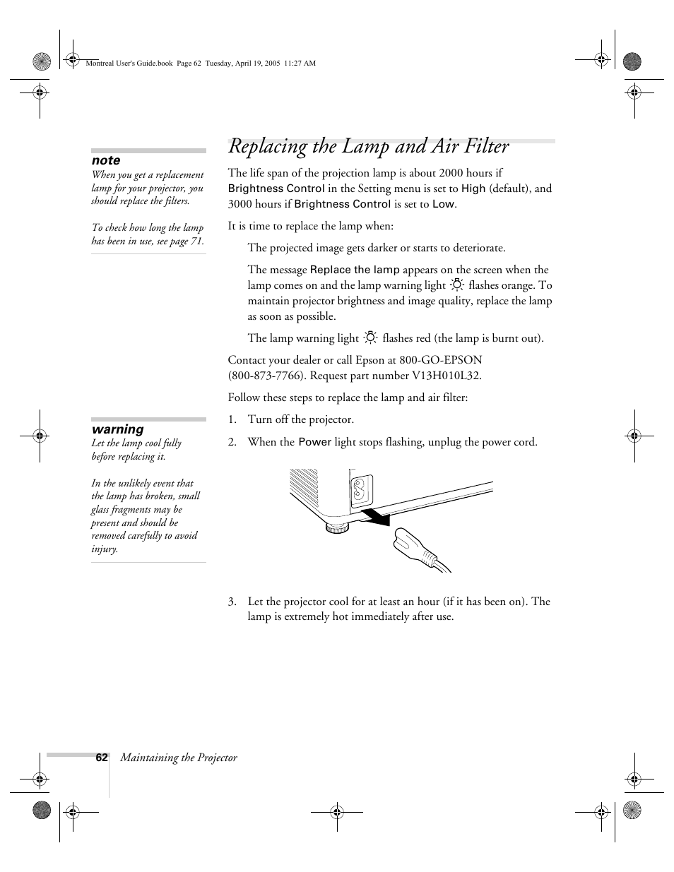 Replacing the lamp and air filter | HP 760c User Manual | Page 62 / 101