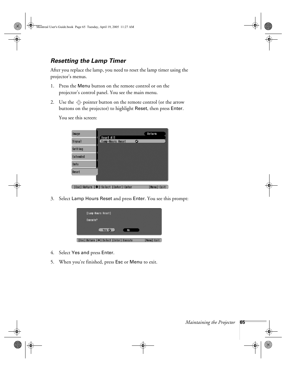 Resetting the lamp timer | HP 760c User Manual | Page 65 / 101