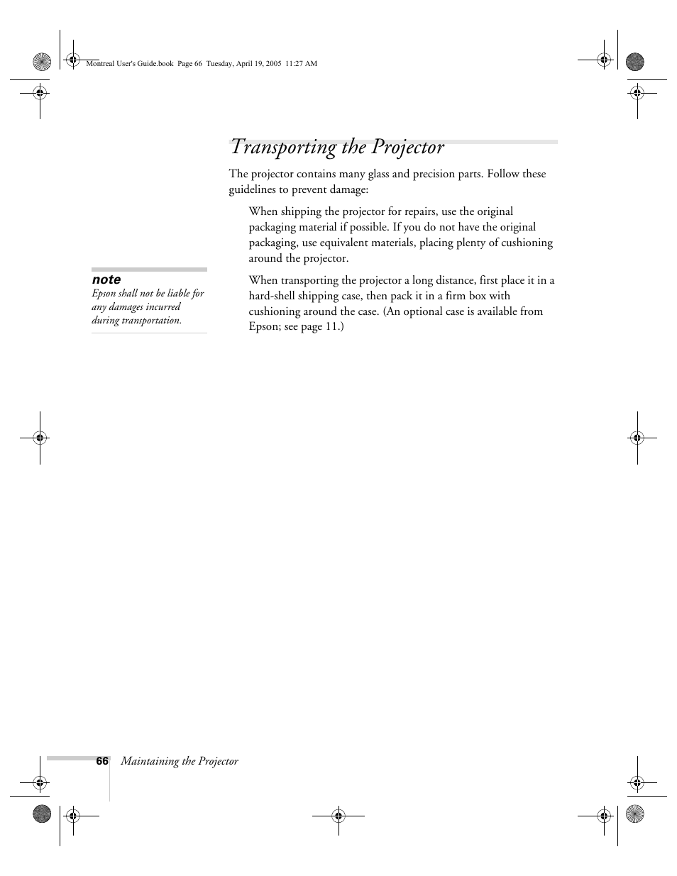 Transporting the projector | HP 760c User Manual | Page 66 / 101