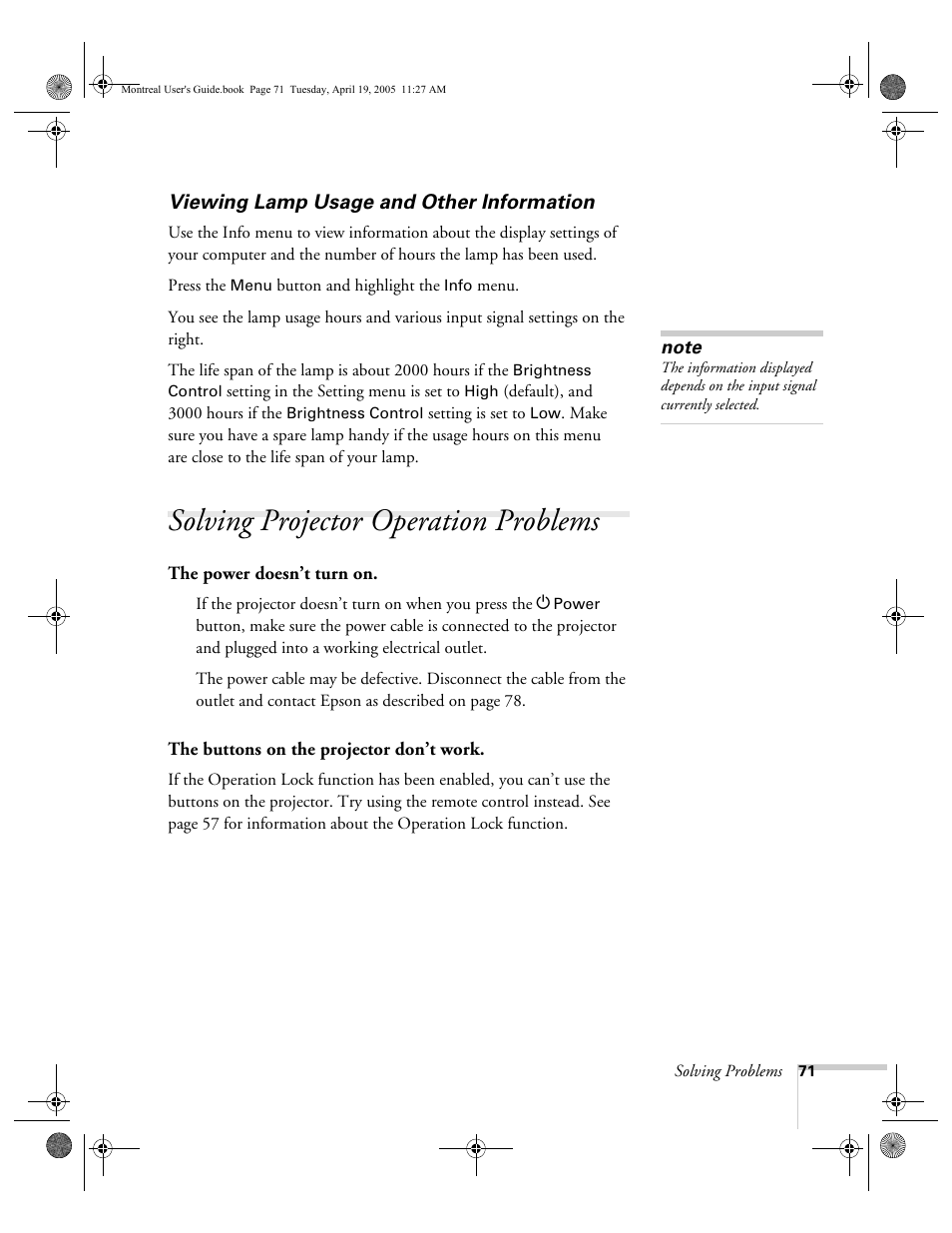 Viewing lamp usage and other information, Solving projector operation problems | HP 760c User Manual | Page 71 / 101