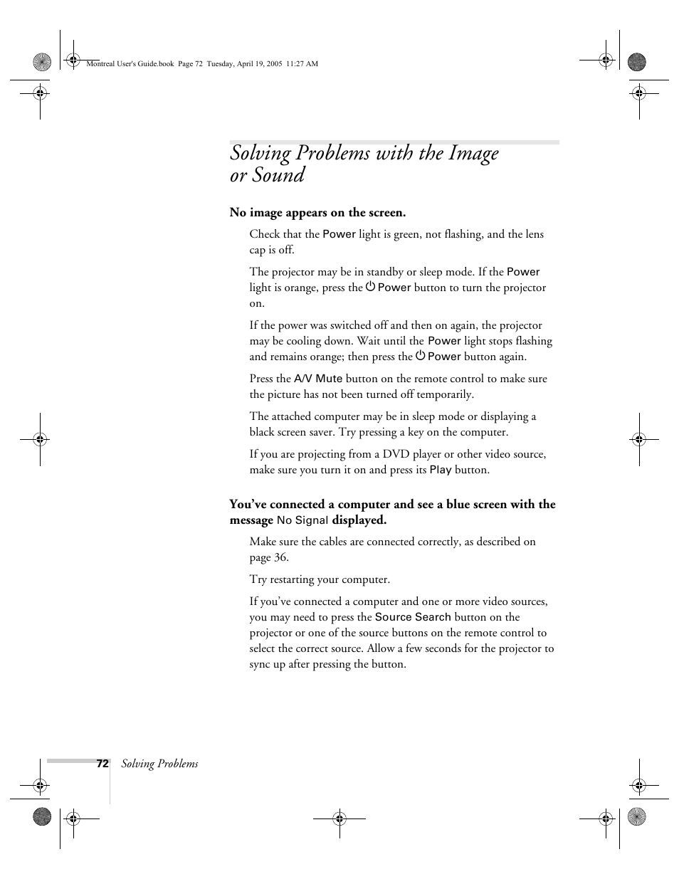 Solving problems with the image orsound, Solving problems with the image or sound | HP 760c User Manual | Page 72 / 101