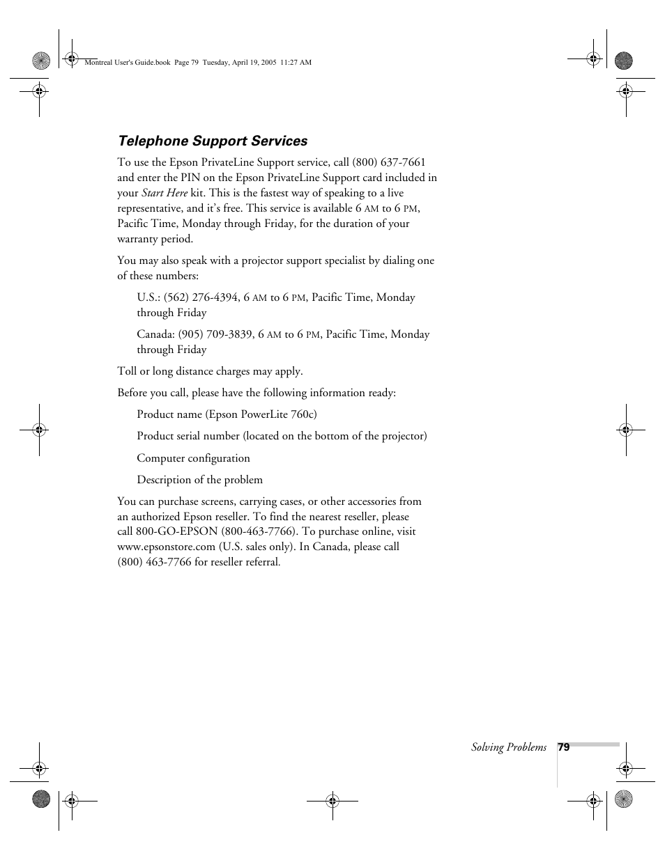 Telephone support services | HP 760c User Manual | Page 79 / 101