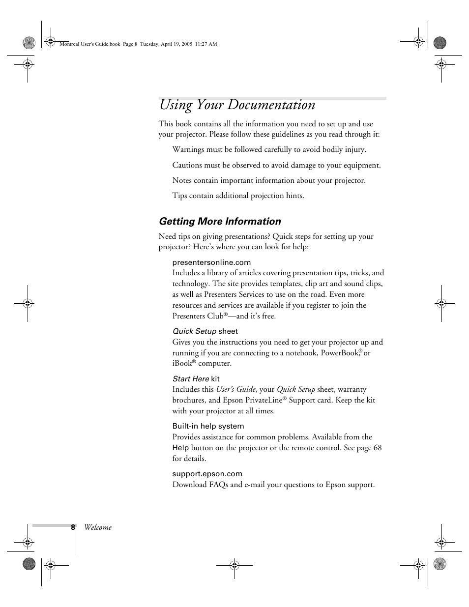 Using your documentation, Getting more information | HP 760c User Manual | Page 8 / 101