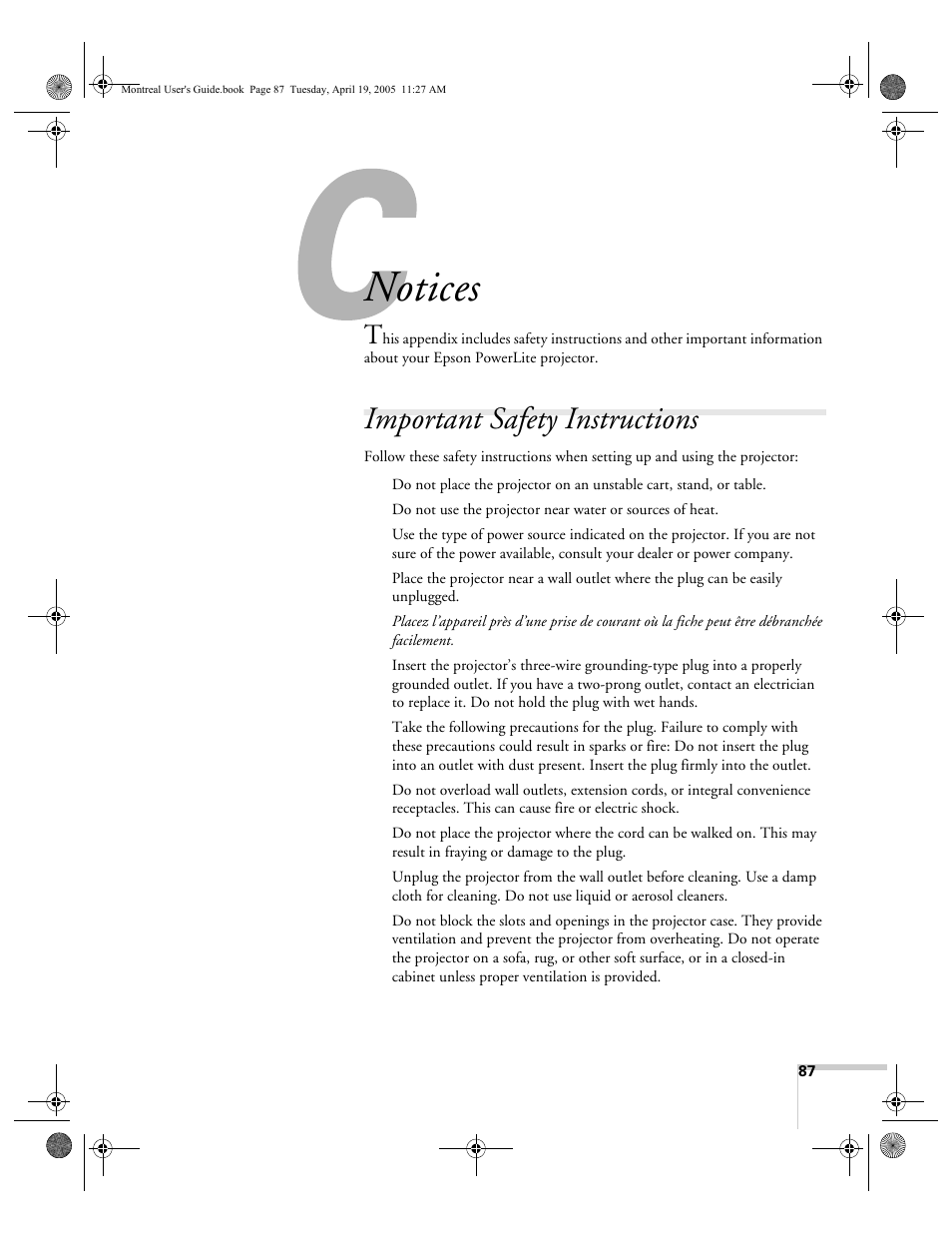 Notices, Important safety instructions | HP 760c User Manual | Page 87 / 101
