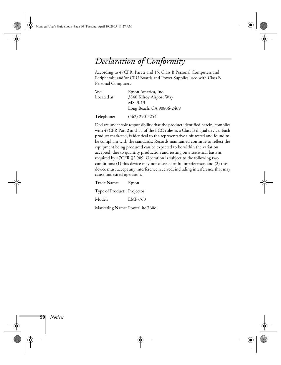 Declaration of conformity | HP 760c User Manual | Page 90 / 101