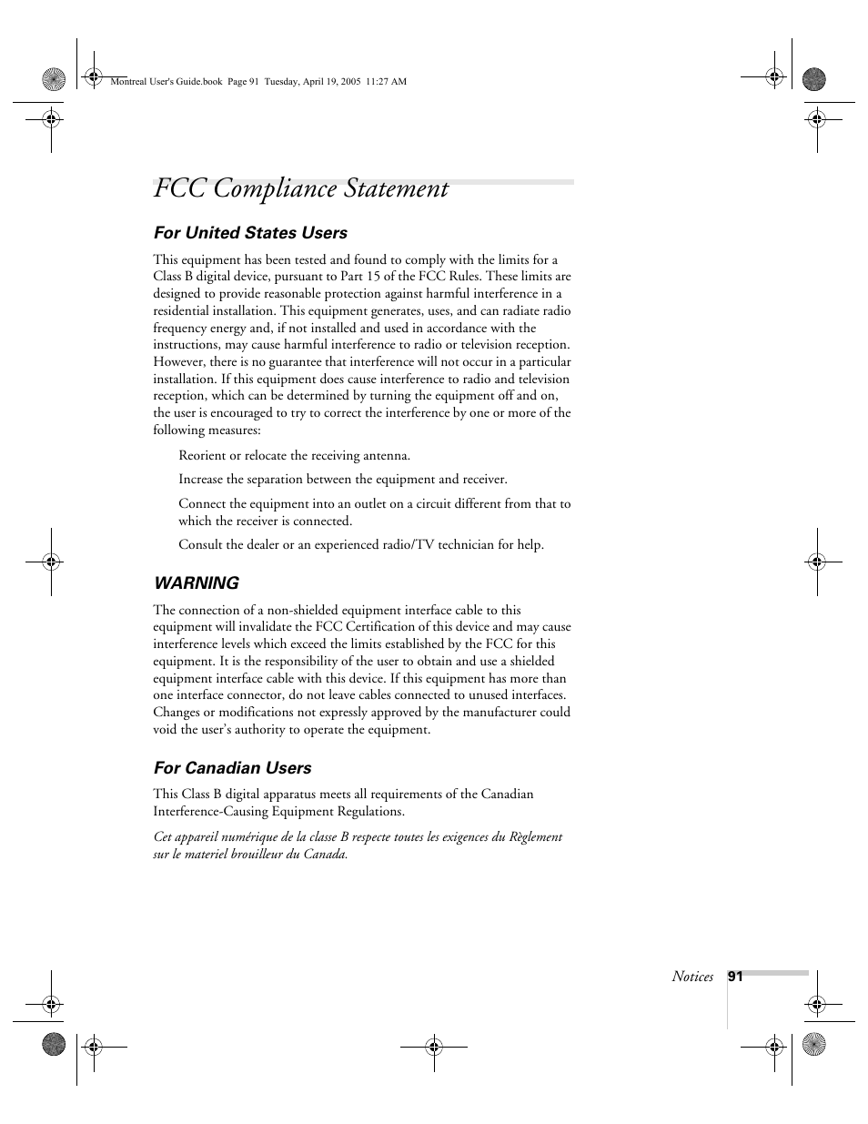 Fcc compliance statement | HP 760c User Manual | Page 91 / 101