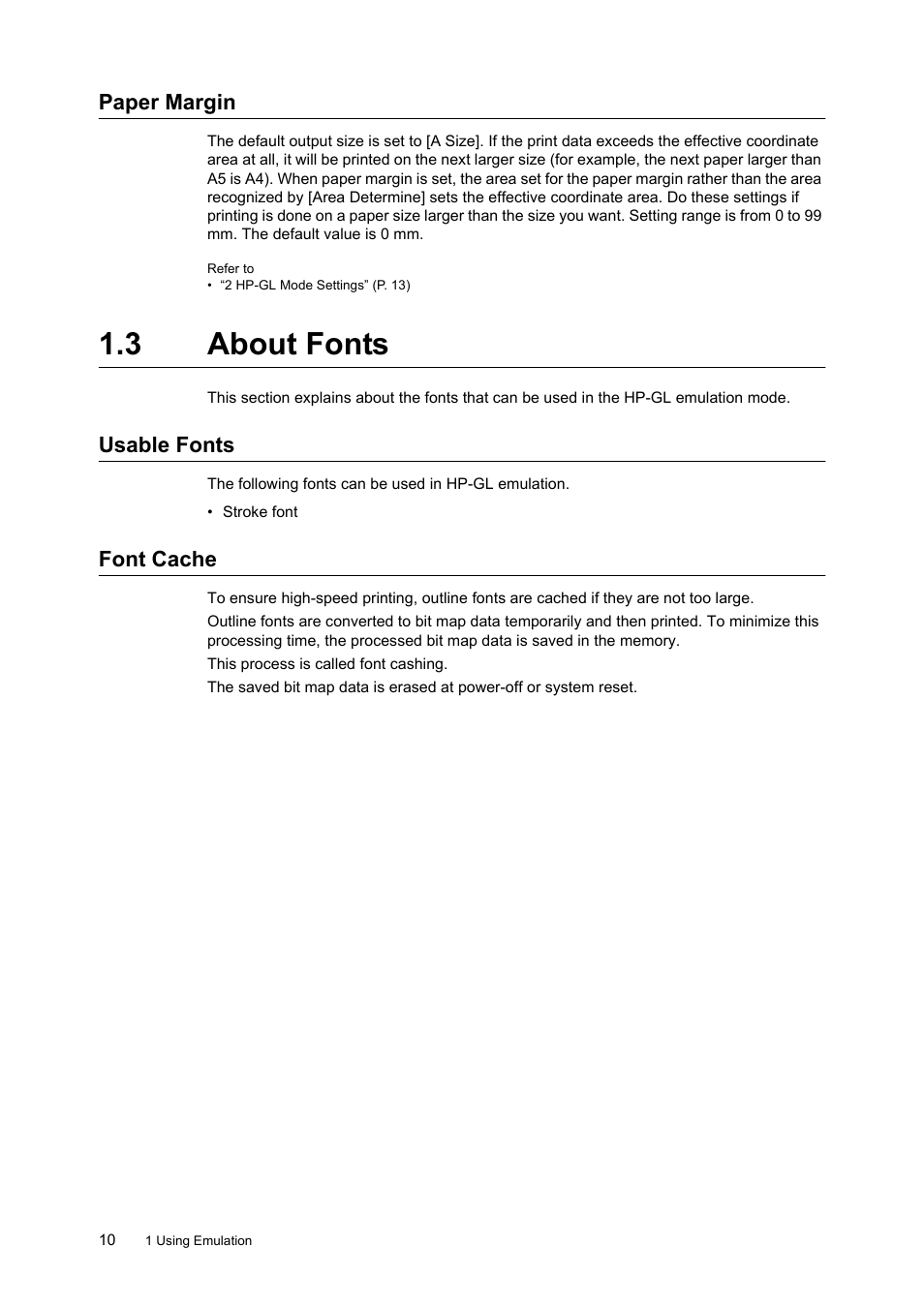 Paper margin, 3 about fonts, Usable fonts | Font cache, About fonts usable fonts font cache | HP 240A User Manual | Page 10 / 40