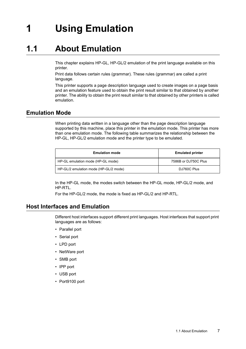1 using emulation, 1 about emulation, Emulation mode | Host interfaces and emulation, Using emulation, 1using emulation | HP 240A User Manual | Page 7 / 40