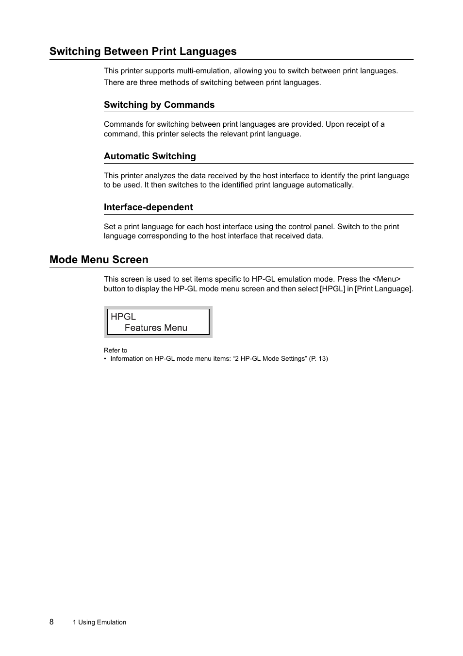 Switching between print languages, Mode menu screen, Switching between print languages mode menu screen | HP 240A User Manual | Page 8 / 40