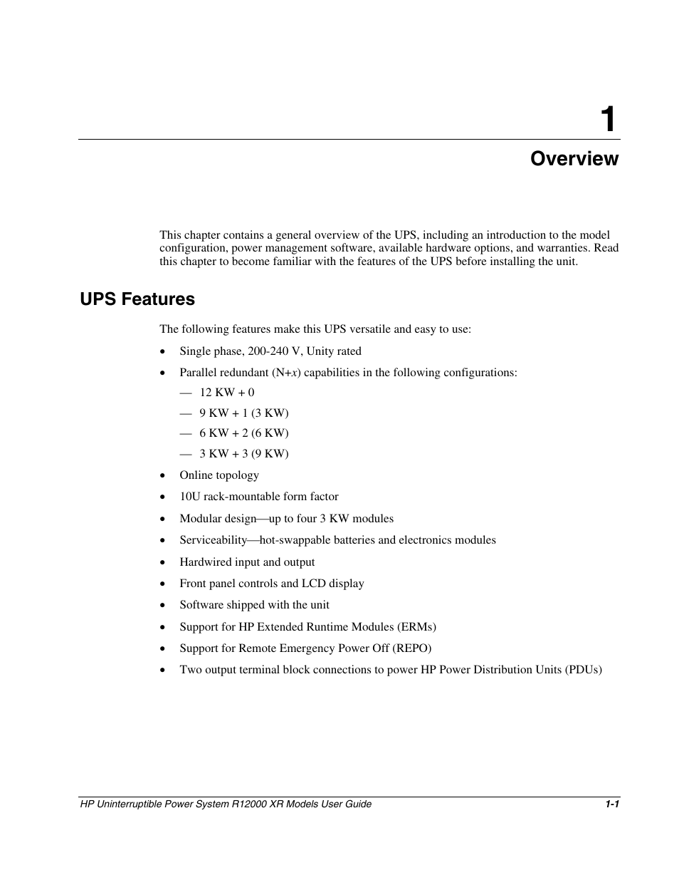 Chapter 1: overview, Ups features, Chapter 1 | Overview, Ups features -1 | HP R12000 XR User Manual | Page 10 / 69