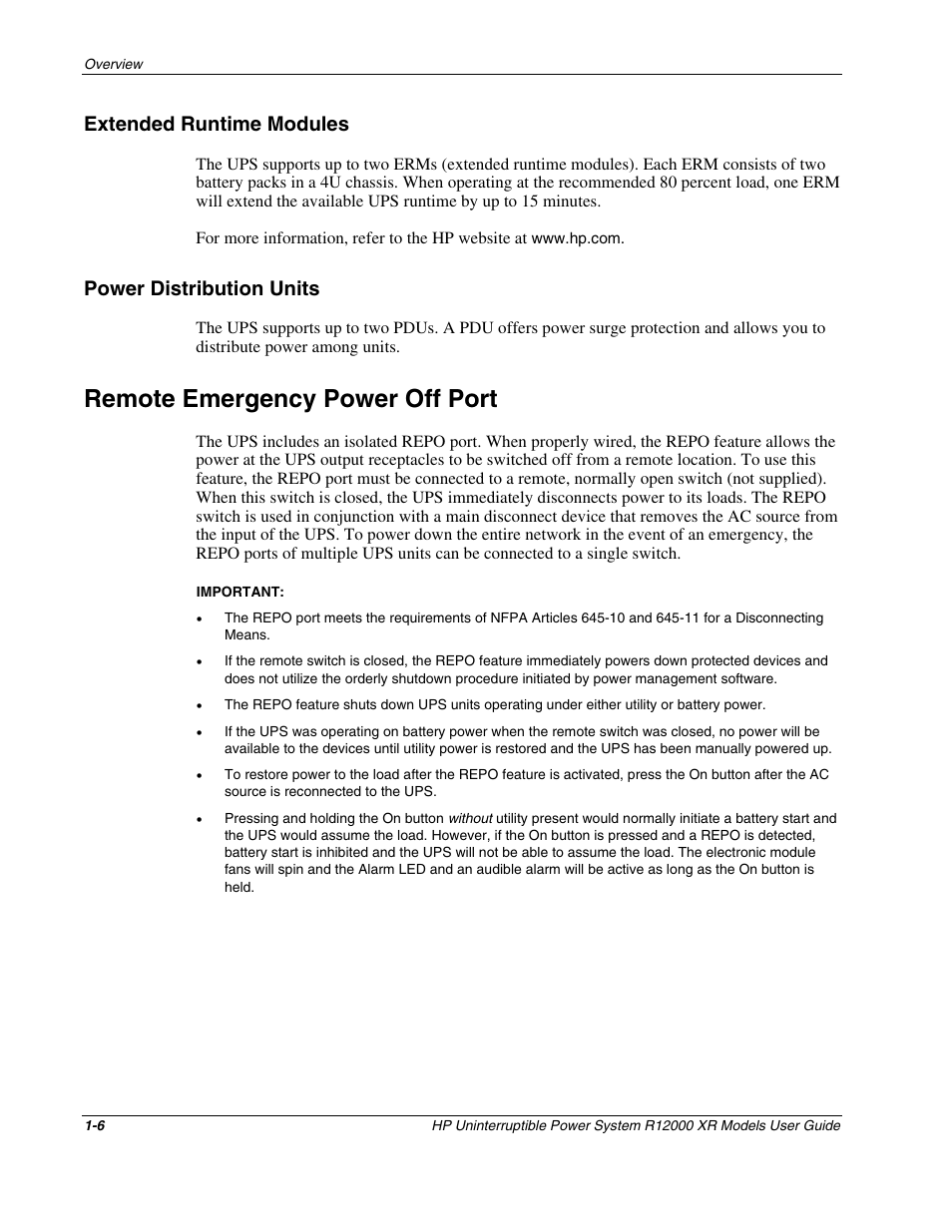 Extended runtime modules, Power distribution units, Remote emergency power off port | Extended runtime modules -6, Power distribution units -6, Remote emergency power off port -6 | HP R12000 XR User Manual | Page 15 / 69