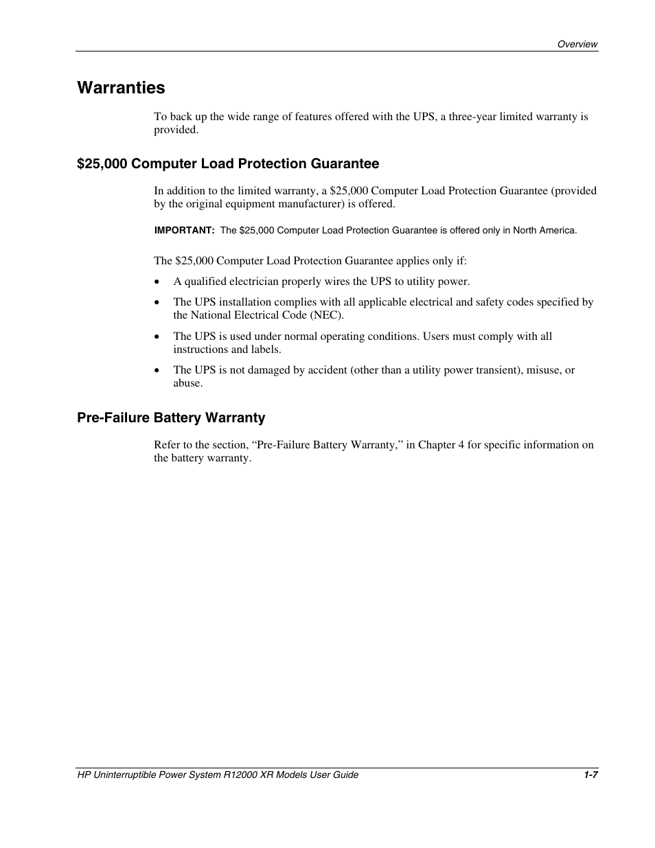 Warranties, 25,000 computer load protection guarantee, Pre-failure battery warranty | Warranties -7, 25,000 computer load protection guarantee -7, Pre-failure battery warranty -7 | HP R12000 XR User Manual | Page 16 / 69