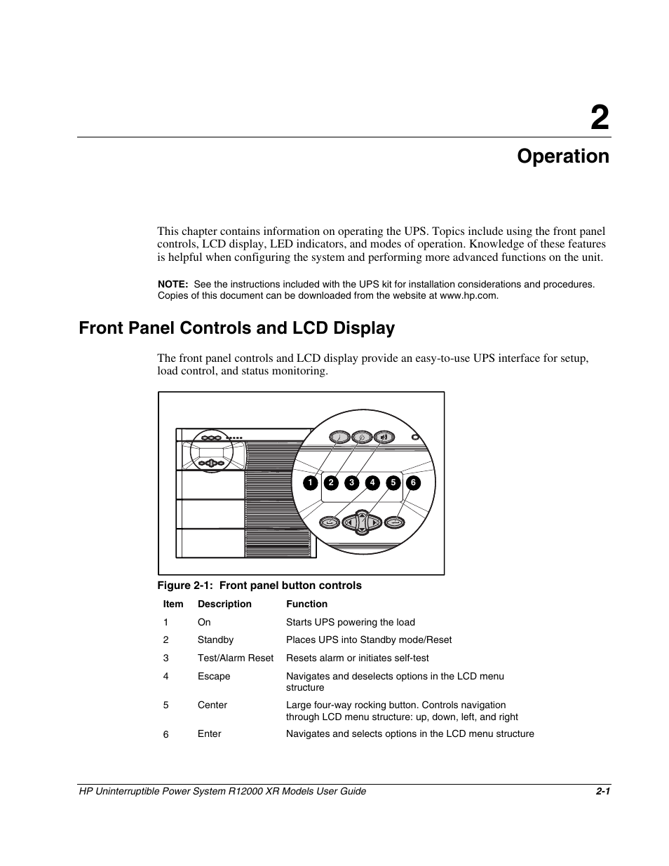 Chapter 2: operation, Front panel controls and lcd display, Chapter 2 | Operation, Front panel controls and lcd display -1 | HP R12000 XR User Manual | Page 17 / 69