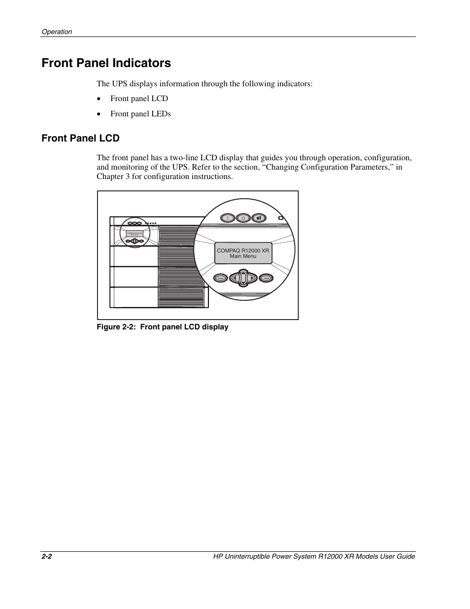 Front panel indicators, Front panel lcd, Front panel indicators -2 | Front panel lcd -2 | HP R12000 XR User Manual | Page 18 / 69