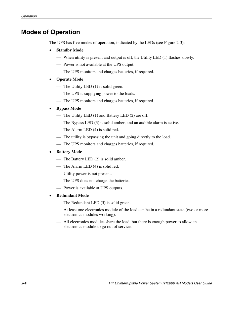 Modes of operation, Modes of operation -4 | HP R12000 XR User Manual | Page 20 / 69