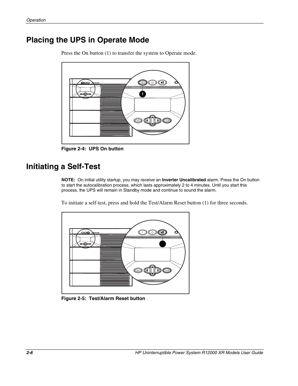 Placing the ups in operate mode, Initiating a self-test, Placing the ups in operate mode -6 | Initiating a self-test -6 | HP R12000 XR User Manual | Page 22 / 69