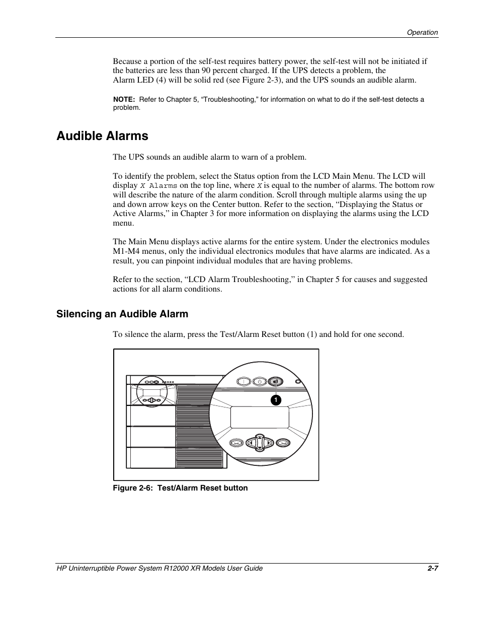 Audible alarms, Silencing an audible alarm, Audible alarms -7 | Silencing an audible alarm -7 | HP R12000 XR User Manual | Page 23 / 69