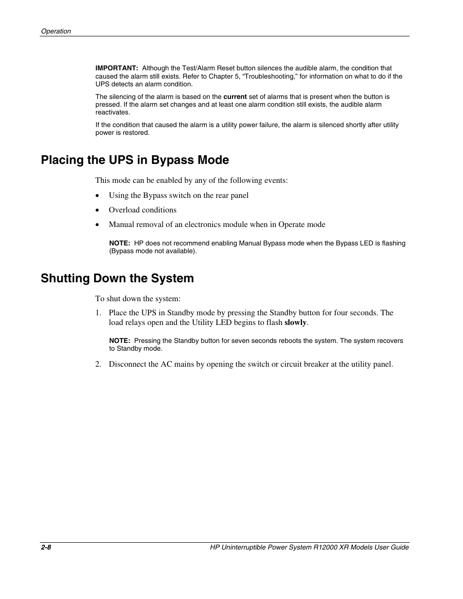 Placing the ups in bypass mode, Shutting down the system, Placing the ups in bypass mode -8 | Shutting down the system -8 | HP R12000 XR User Manual | Page 24 / 69