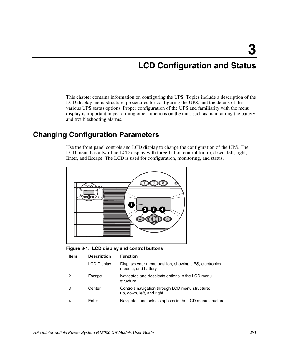 Chapter 3: lcd configuration and status, Changing configuration parameters, Chapter 3 | Lcd configuration and status, Changing configuration parameters -1 | HP R12000 XR User Manual | Page 25 / 69