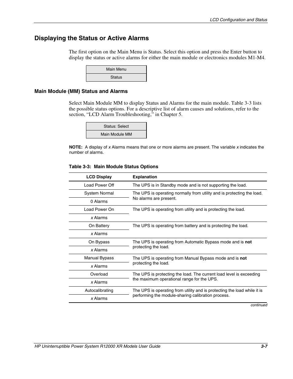 Displaying the status or active alarms, Main module (mm) status and alarms, Displaying the status or active alarms -7 | HP R12000 XR User Manual | Page 31 / 69