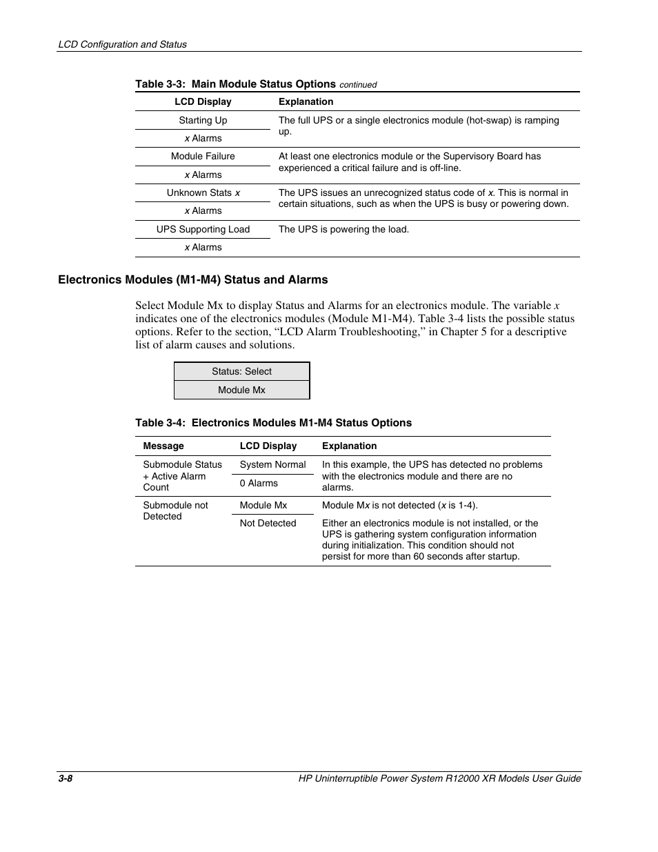 Electronics modules (m1-m4) status and alarms | HP R12000 XR User Manual | Page 32 / 69