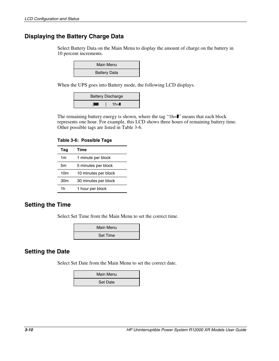 Displaying the battery charge data, Setting the time, Setting the date | Displaying the battery charge data -10, Setting the time -10, Setting the date -10 | HP R12000 XR User Manual | Page 34 / 69