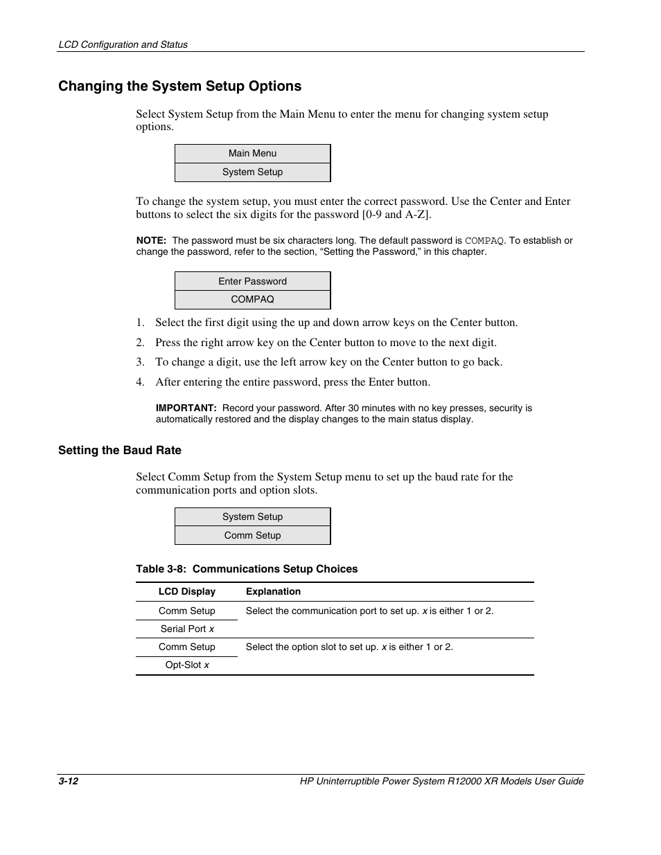 Changing the system setup options, Setting the baud rate, Changing the system setup options -12 | HP R12000 XR User Manual | Page 36 / 69