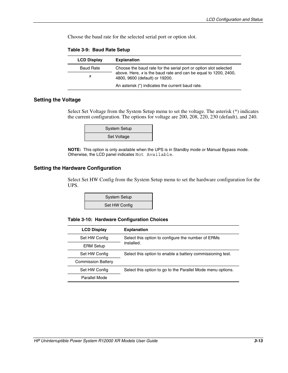 Setting the voltage, Setting the hardware configuration | HP R12000 XR User Manual | Page 37 / 69