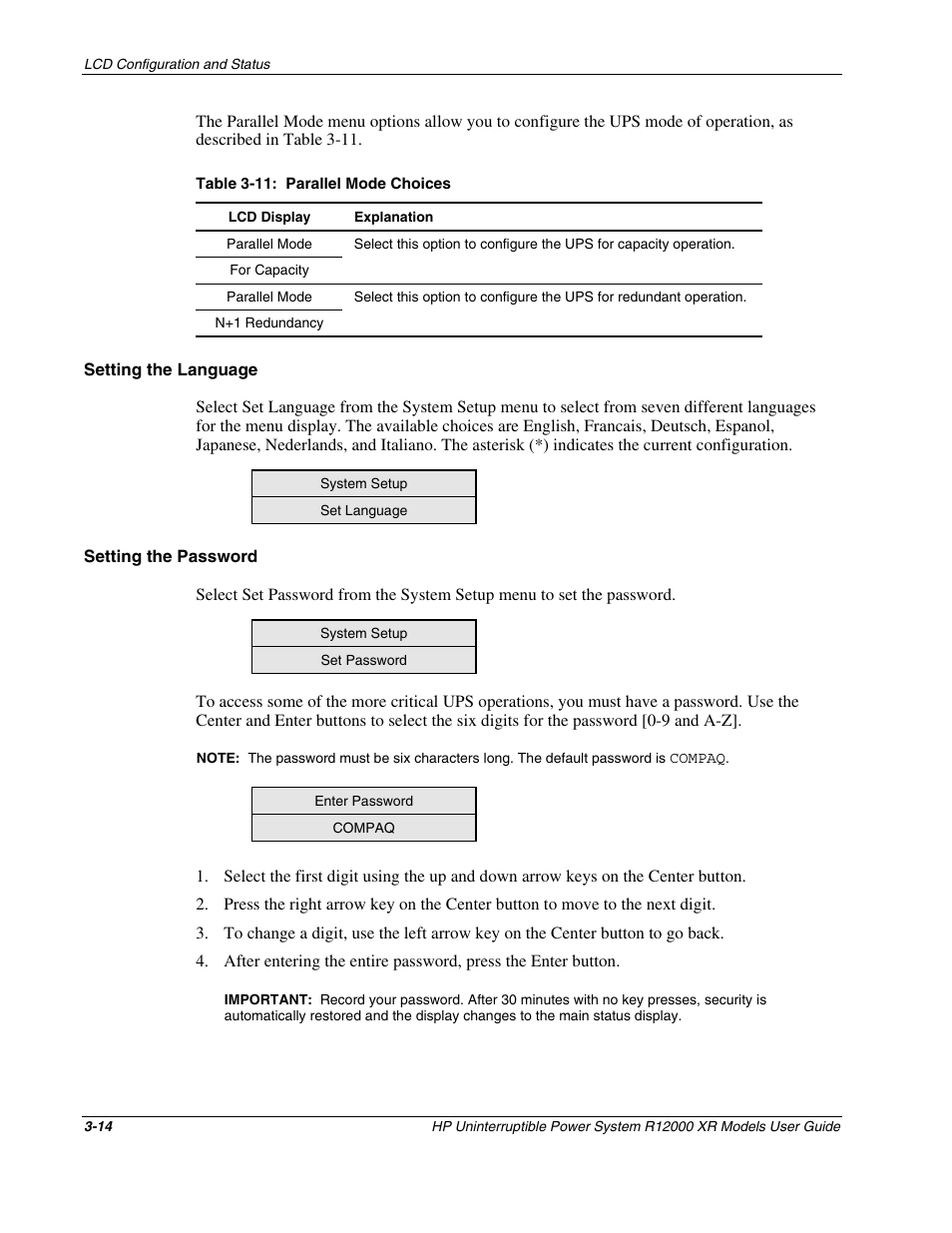 Setting the language, Setting the password | HP R12000 XR User Manual | Page 38 / 69